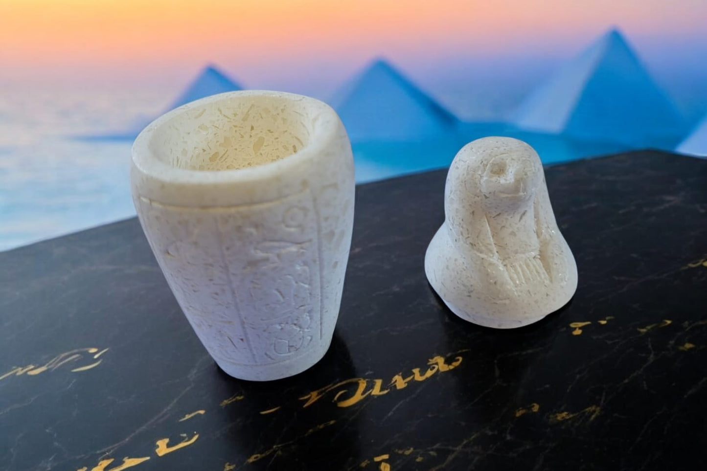 4” Hand-Carved Alabaster Canopic Jar